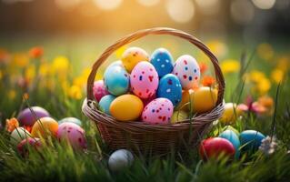 ai generato vivace Pasqua uova annidarsi nel un' cestino su lussureggiante erba, Pasqua uovo caccia immagine foto