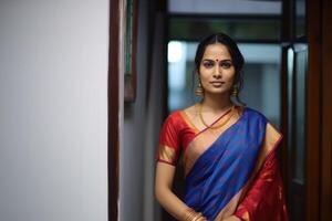 ai generato un' bellissimo rappresentazione di un' marathi donna nel sua tradizionale vestiario, Gudi Padwa tradizionale capi di abbigliamento foto