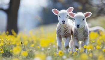 ai generato adorabile agnelli nel un' primavera prato, bambino animali concetto foto