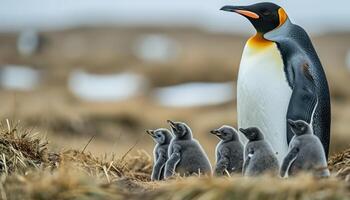 ai generato re pinguino cura per adorabile pulcini nel il ghiacciato natura selvaggia, bambino animali Immagine foto