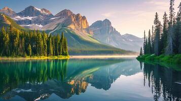 ai generato foto di tranquillo lago circondato di torreggiante montagne e lussureggiante verde foreste. il Immagine cattura mozzafiato Visualizza di incontaminato lago riflettendo il circostante paesaggio. ai generato