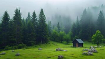 ai generato sereno foresta con solitario cabina nel il mezzo di verde campo circondato di alto, denso alberi. il atmosfera è nebbioso, dando il scena mistico e tranquillo vibrazione ai generato foto