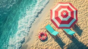 ai generato spiaggia ombrello sedie, gonfiabile squillare su spiaggia sabbia. estate vacanza concept.top Visualizza ai generato foto