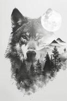 ai generato Doppio esposizione di un' lupo viso davanti, e foresta alberi montagne e pieno Luna nel il cielo ai generato foto