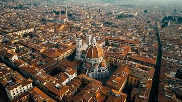 ai generato aereo Visualizza cattura storico Cattedrale confezionato paesaggio urbano. il città ha stretto strade e Marrone tetti, con tradizionale architettura e uniforme colore toni ai generato foto