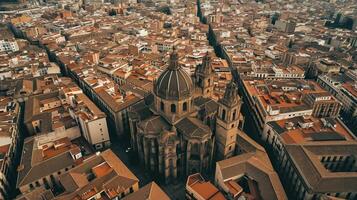 ai generato aereo Visualizza cattura storico Cattedrale circondato di densamente confezionato paesaggio urbano. il città ha stretto strade e Marrone tetti, con tradizionale architettura ai generato foto