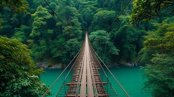 ai generato Immagine di legna sospensione ponte attraversamento al di sopra di turchese colorato fiume. lussureggiante verde alberi e vegetazione circondare il fiume e ponte, indicando foreste la zona. ai generato foto