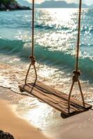 ai generato avvicinamento di swing su esotico tropicale spiaggia con Visualizza su oceano e costa. vacanza concetto, soleggiato naturale sfondo ai generato foto