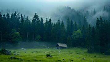 ai generato sereno foresta con solitario cabina nel il mezzo di verde campo circondato di alto, denso alberi. il atmosfera è nebbioso, dando il scena mistico e tranquillo vibrazione ai generato foto