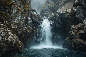 ai generato sereno Immagine cattura pittoresco cascata fluente giù roccioso scogliera. il cascata è circondato di frastagliato rocce e verde, indicando naturale, possibilmente a distanza Posizione ai generato foto