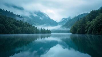 ai generato foto bellissimo scenario di un' lago con il riflessione od circostante montagne nel il sfondo ai generato