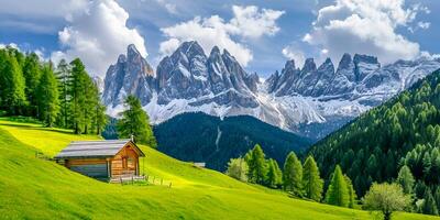 ai generato foto di un' legna fienile nel un' verde campo circondato di verde nel un' foresta ai generato