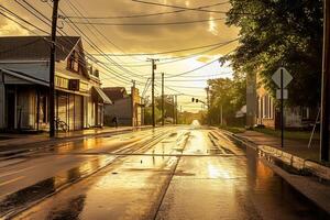 ai generato strada scena Alba o tramonto. il strada è possibilmente dovuto per recente piovere, e riflette il leggero a partire dal il cielo. edifici linea tutti e due lati di il strada vecchio e avere rustico ai generato foto