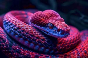 ai generato vivace Immagine di un' serpente con bilancia quello siamo illuminato nel vivace rosso e buio toni ai generato foto