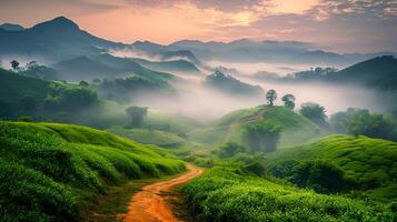 ai generato foto di rotolamento verde colline coperto nel lussureggiante verdura in mezzo nebbioso atmosfera. sporco sentiero venti attraverso il paesaggio, natura concetto ai generato