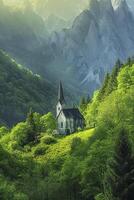ai generato sereno tranquillo, calmo ambiente piccolo Chiesa annidato in mezzo lussureggiante verdura e torreggiante montagne ai generato foto