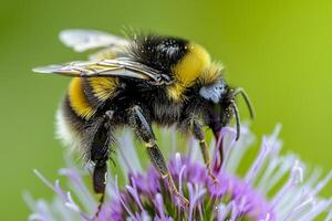 ai generato il bombo ha nero e giallo strisce, con delicato Ali quello siamo leggermente trasparente ai generato foto