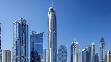 ai generato moderno paesaggio urbano Caratteristiche un' alto grattacielo sotto un' chiaro blu cielo ai generato foto
