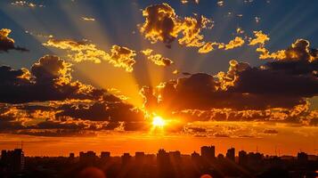 ai generato sbalorditivo foto di tramonto al di sopra di città orizzonte. il sole è parzialmente oscurato di nuvole, getto un Vettore di d'oro raggi attraverso il cielo ai generato