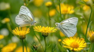 ai generato foto selettivo messa a fuoco tiro di un' bellissimo farfalla seduta su un' ramo con piccolo giallo fiori ai generato