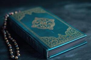 ai generato Corano o kuran il islamico santo libro nel buio sfondo con rosario perlina foto