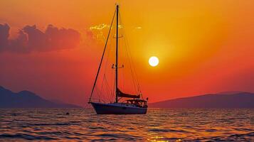 ai generato barca a vela ancorato a mare durante un' mozzafiato tramonto ai generato foto