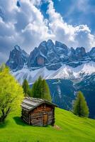 ai generato sereno naturale paesaggio con piccolo legna cabina annidato nel il primo piano. il cabina dovrebbero essere situato su lussureggiante verde collina, con torreggiante neve capped montagne sfondo ai generato foto