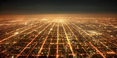 ai generato paesaggio urbano a notte, illuminato di migliaia di luci ai generato foto