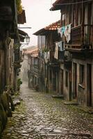 ai generato Immagine cattura stretto, ciottolo strada foderato con vecchio edifici e lavanderia sospeso a partire dal il balconi. il cielo è nuvoloso, il pietra strada e edifici ai generato foto