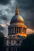 ai generato il Cattedrale è illuminato di luce del sole, architettonico particolari. grande iconico cupola quello è sinonimo con il struttura ai generato foto