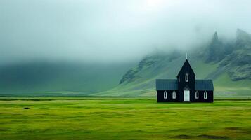 ai generato foto di solitario nero Chiesa situato nel il mezzo di un espansivo verde campo. ai generato