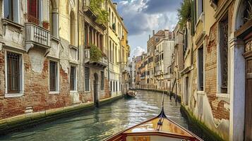 ai generato bellissimo scena a partire dal Venezia, con un' messa a fuoco su un' stretto canale circondato di alto, anziano edifici ai generato foto
