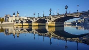 ai generato di grandi dimensioni, elegante pietra ponte con multiplo archi spanning attraverso calma fiume ai generato foto