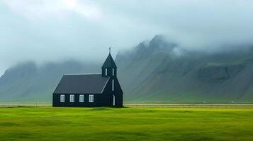 ai generato foto di solitario nero Chiesa situato nel il mezzo di un espansivo verde campo. ai generato