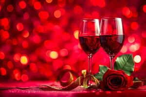 ai generato bicchieri vino, fiorito rosso rosa d'oro nastro, romantico tema celebrazioni di amore ai generato foto