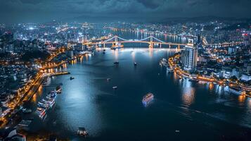 ai generato aereo notte Visualizza di un' paesaggio urbano circondato di acqua ai generato foto