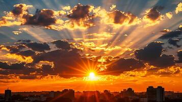 ai generato sbalorditivo foto di tramonto al di sopra di città orizzonte. il sole è parzialmente oscurato di nuvole, getto un Vettore di d'oro raggi attraverso il cielo ai generato