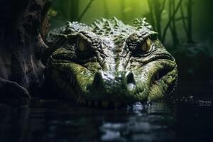 ai generato avvicinamento natura fotografia di pericoloso coccodrillo nel mangrovia foresta. foto