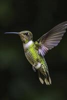 ai generato foto di verde uccello volante su liscio buio sfondo ai generato