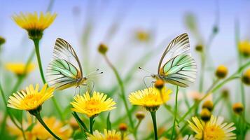 ai generato foto bianca farfalle con nero lineamenti su loro Ali, arroccato su vivace giallo fiori. il farfalle siamo circondato di numerose simile fiori ai generato