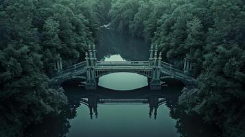 ai generato foto di Due simmetrico ponti attraversamento al di sopra di buio fiume. il ponti dovrebbero essere identico e simmetrico, con intricato strutturale disegni visibile. ai generato