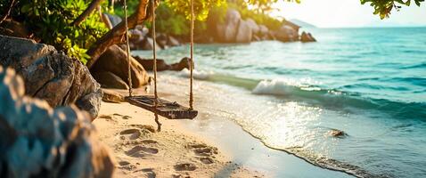ai generato avvicinamento di swing su esotico tropicale spiaggia con Visualizza su oceano e costa. vacanza concetto, soleggiato naturale sfondo ai generato foto