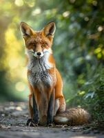 ai generato un' Volpe seduta attentamente su un' sentiero circondato di natura ai generato foto