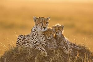 ai generato ghepardo con sua cuccioli riposo su un' tumulo nel il selvaggio, bagnata nel il d'oro leggero di il crescente sole ai generato foto