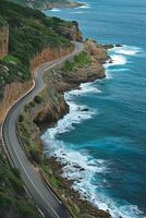 ai generato aereo Visualizza cattura avvolgimento strada abbracciare il costa. il strada è stretto e pavimentato, con visibile corsia marcature ai generato foto