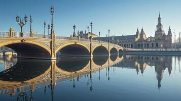 ai generato di grandi dimensioni, elegante pietra ponte con multiplo archi spanning attraverso calma fiume ai generato foto