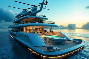 ai generato 3d illustrazione di un' lusso super yacht con un' elicottero nuoto piscina e un' vasca idromassaggio ai generato foto