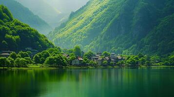 ai generato Immagine di sereno villaggio annidato fra calma lago e lussureggiante verde montagne. il villaggio di parecchi edifici indicando essi siamo fatto di pietra o gesso ai generato foto