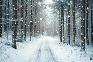 ai generato Immagine di nevoso sentiero avvolgimento attraverso denso foresta di alto, snello alberi. i fiocchi di neve siamo caduta delicatamente, aggiungendo per il tranquillo e sereno atmosfera ai generato foto