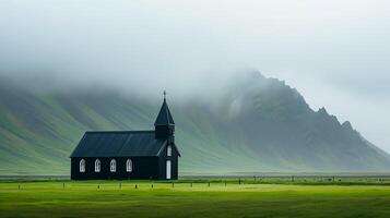 ai generato foto Islanda paesaggio di bellissimo Chiesa nebbioso montagne nel il sfondo ai generato